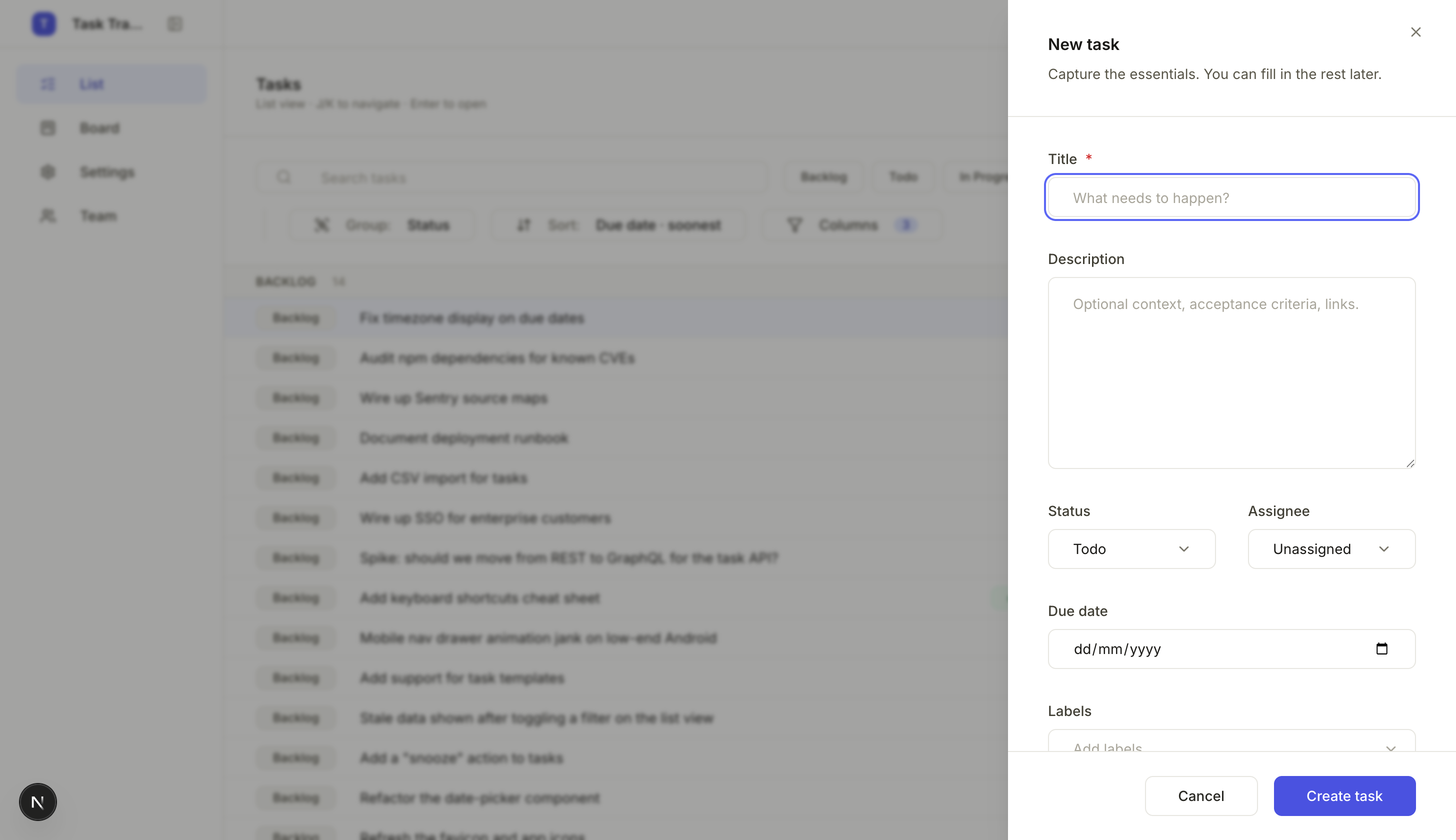 The task tracker's existing right-side drawer for creating a task, sliding over the dimmed list behind it.